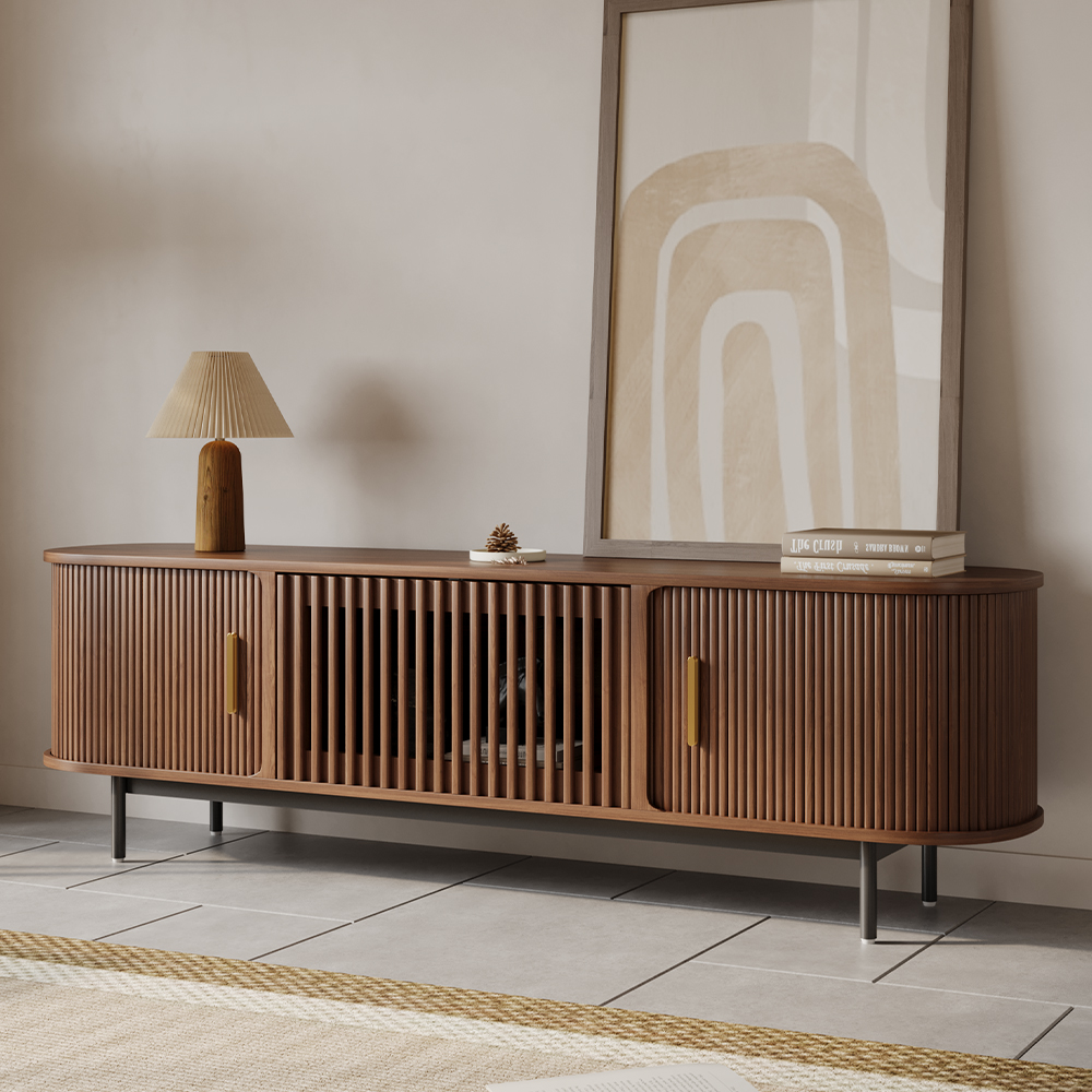 78.74" Modern Minimalist Rolling Door TV Stand, Multi-layer Solid Wood, Walnut Entertainment center